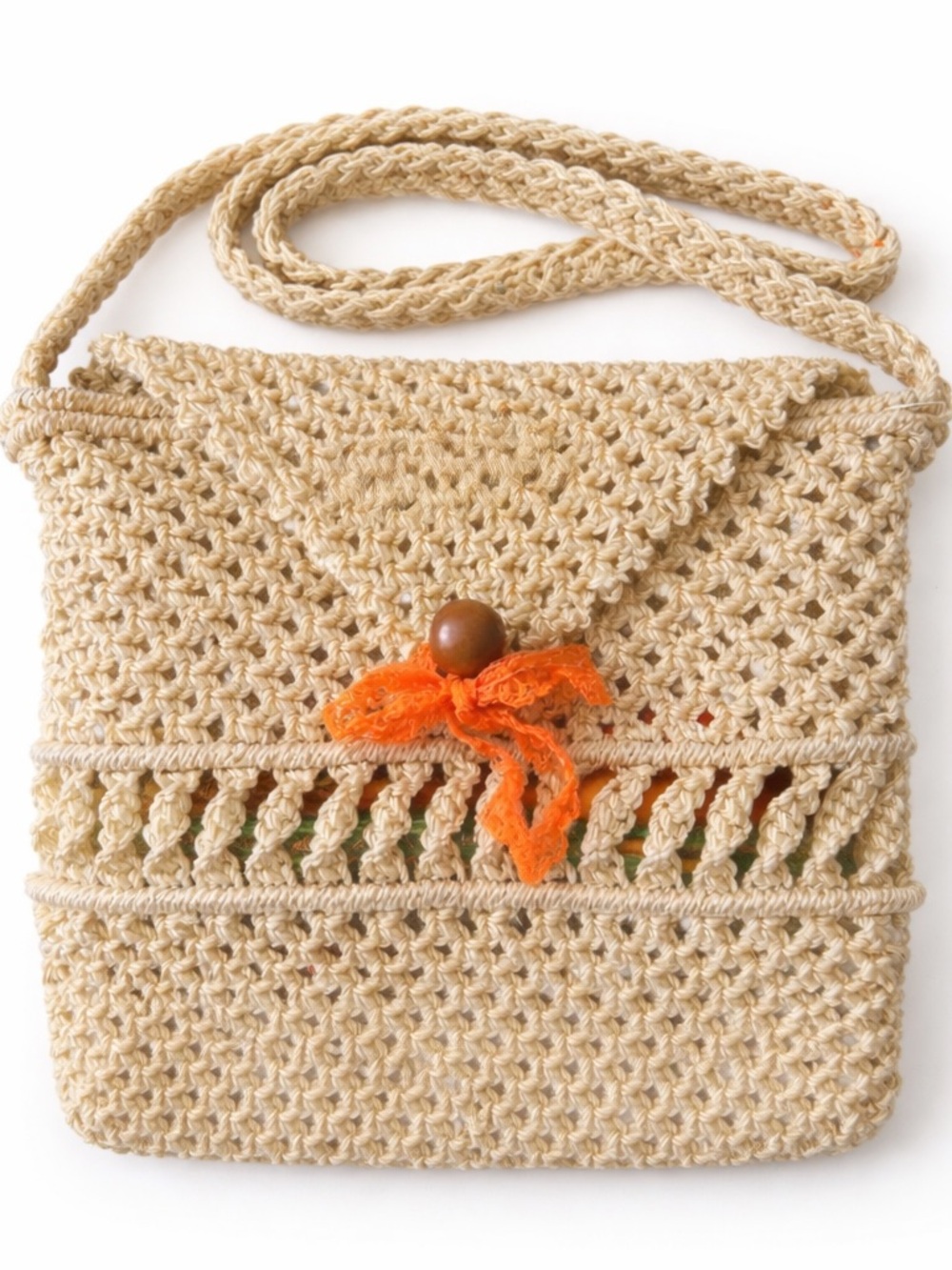 Vintage Macrame Mini Purse Boho Crochet Crossbody Bag 70s Style Lined Small